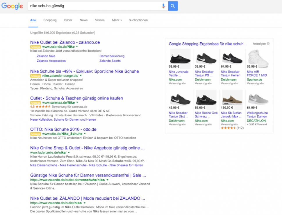 Google Shopping Ergebnisse in der Google Suche
