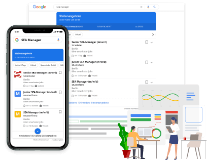 Das Interface von Google for Jobs auf der mobilen Anzeige und der Desktop Anzeige