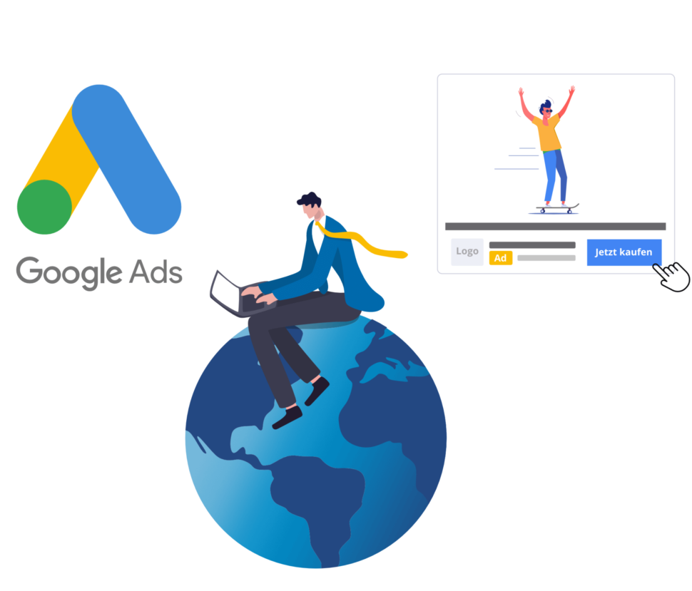 Grafik Mann sitzt auf Weltkugel, daneben Grafiken von Google Ads