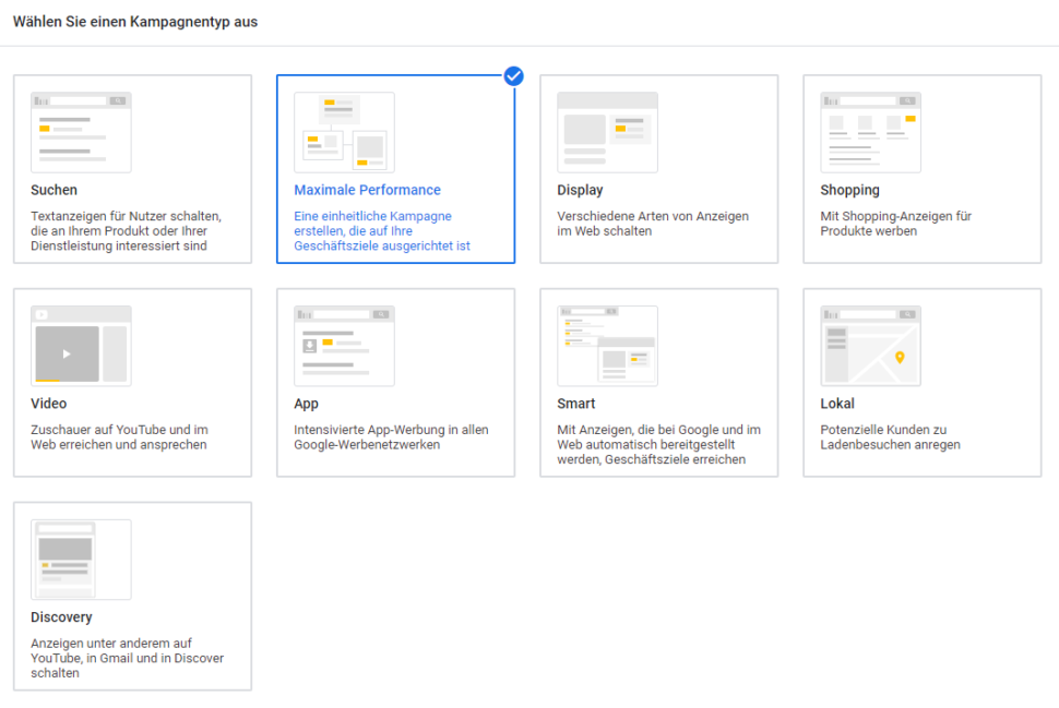 Übersicht der Kampagnenauswahl bei Google
