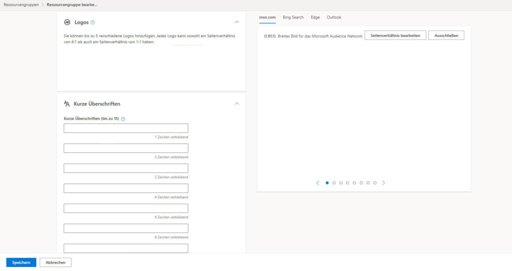 Bing Performance Max Ressourcen Gruppen Logos Kurze Ueberschriften