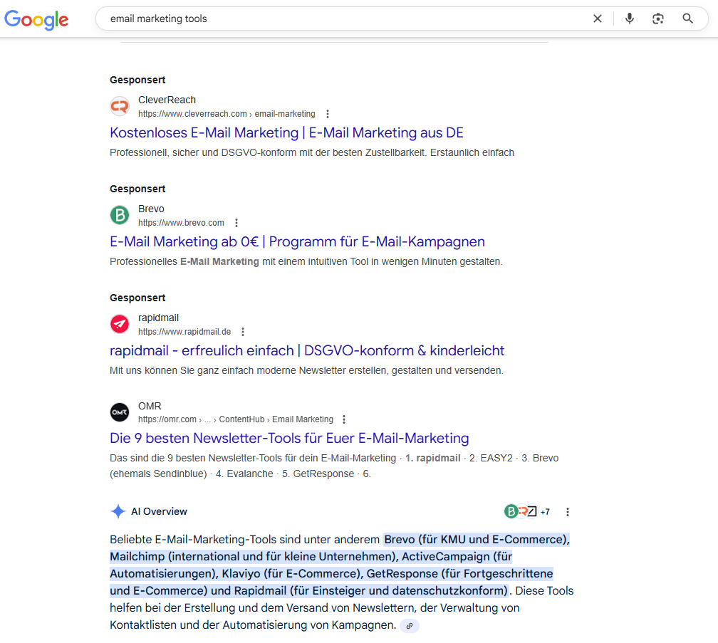 SERP Screenshot mit Beispiel Keyword email marketing tools