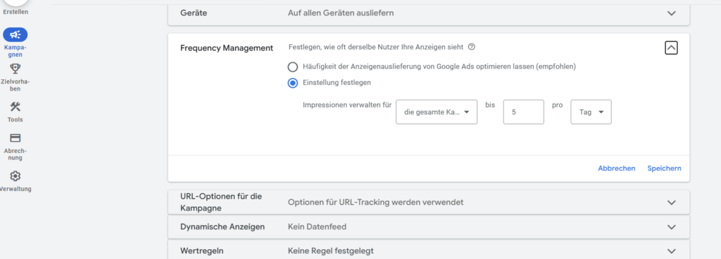 Screenshot der Einstellungen für das Frequency Capping in Google Ads