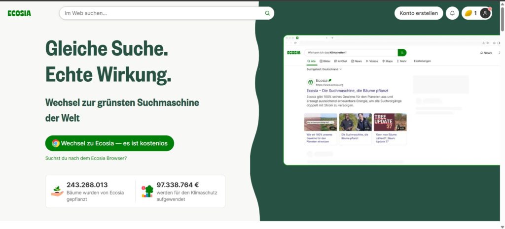 Screenshot der ecosia Startseite