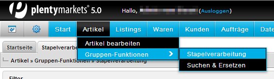 Screenshot der Navigation zur Stapelverarbeitung