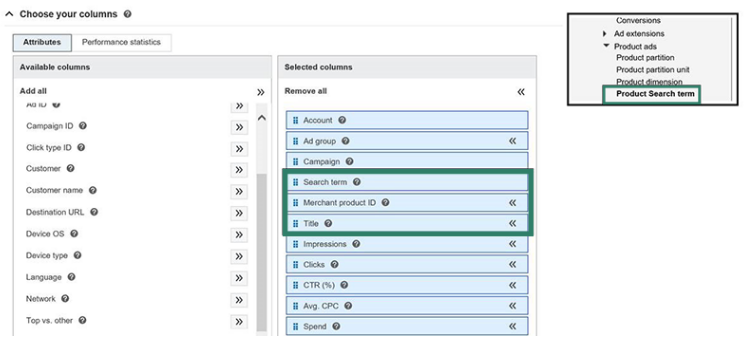 Abb.4: Auswahl der Spalte Suchanfragenbericht für Produkte, Bildquelle: Bingads Interface
