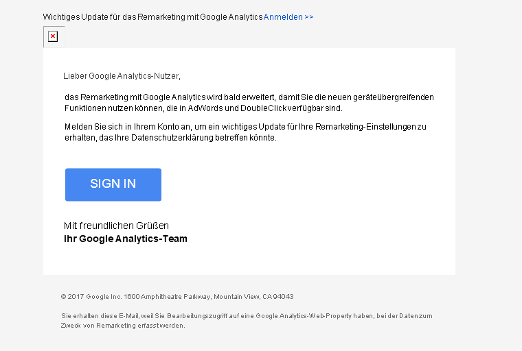 Abb.5: Meldung von Analytics bezüglich der Remarketinglisten, Bildquelle: Google Analytics