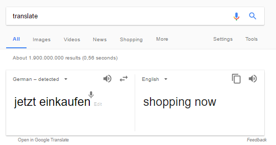 Abb. 2: Google Translate Übersetzung von „Jetzt einkaufen“ ins Englische