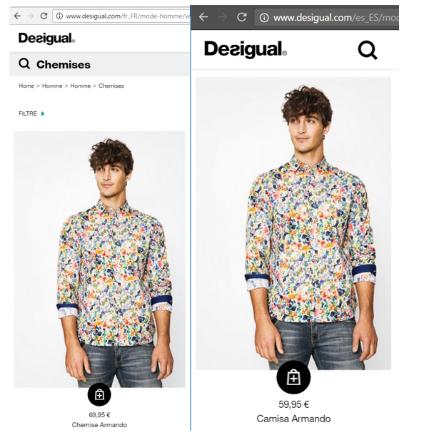 Abb. 4: unterschiedlichen Preise auf den französischen und spanischen Domains des Mode Retailers Desigual