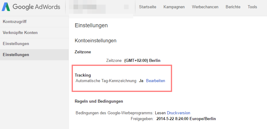 Abb. 1: Aktivierung der „Automatischen Tag Kennzeichnung“ in AdWords
