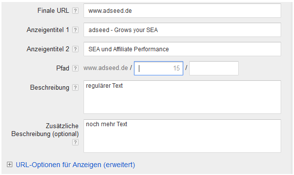 Abb. 5: Test einer erweiterten Anzeige mit zusätzlicher Beschreibung, Bildquelle: adseed.de