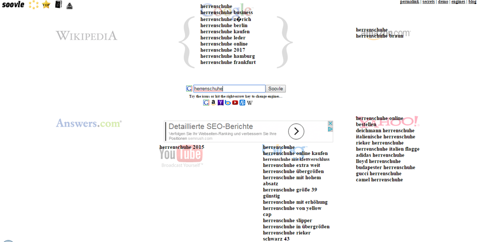 Ergebnisse des Keyword Research Tools soovle für den Begriff Herrenschuhe