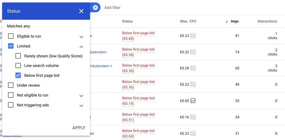 Abb. 2: „Below first page bid“ Keywords