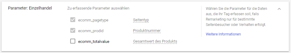 Abb. 5: Übersicht Parameter Einzelhandel, Quelle: Google Ads Konto