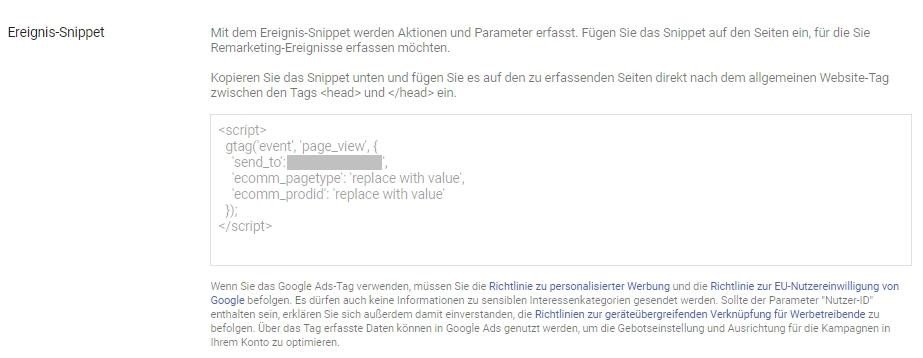 Abb. 6: Ereignis-Snippet dynamisches Remarketing, Quelle: Google Ads Konto