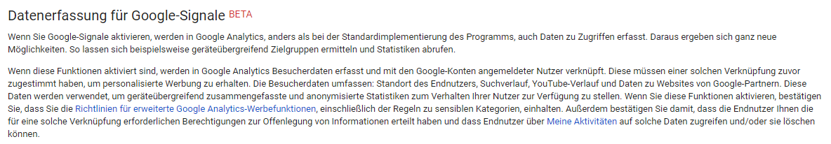 Abb. 7: Property-Einstellungen Datenerfassung für Google Signale, Quelle: Google Analytics Konto.