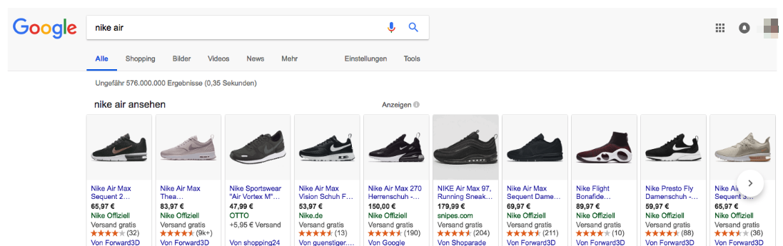 Abb. 3: Suchergebnisseite mit mehreren Anzeigen eines Händlers bei Google Shopping und CSS