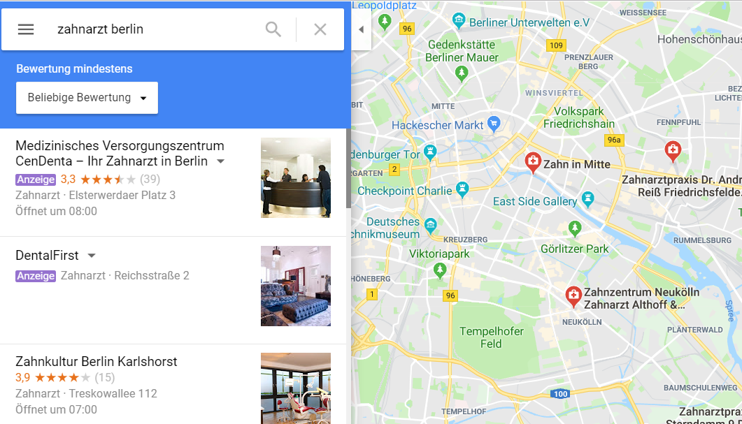 Abb. 2: Google Maps Ergebnisse mit lokalen Anzeigen